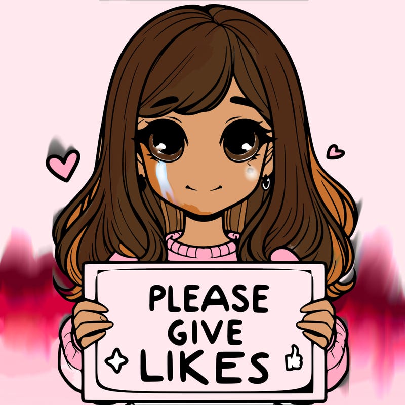 realistic girl that is holding a sign that says please give likes