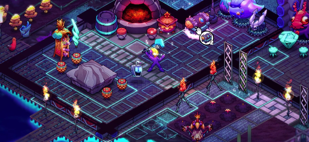 Flux Dabes standing in a neon decorated base with crafting stations and pets in Crashlands 2