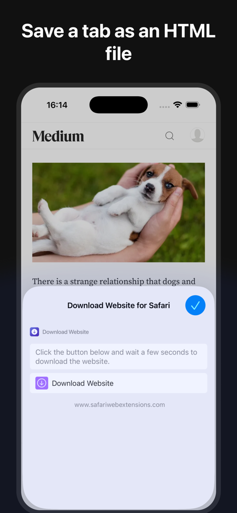 Save Website for Safari - iPhone screenshot showing the Save Website for Safari extension interface with a button to download a webpage as an HTML file.