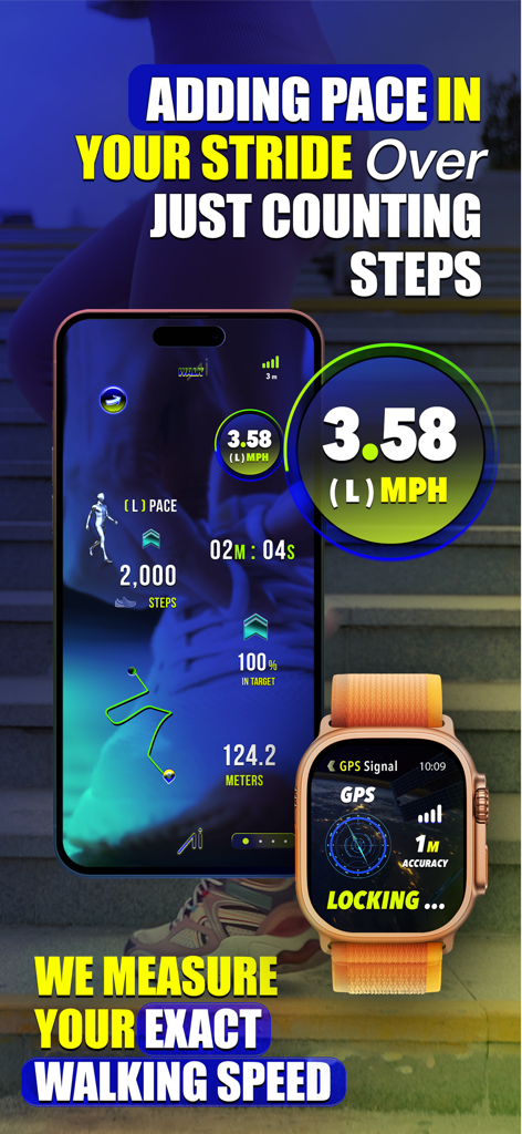 Walk Ailly - 실시간 걷기 속도 및 페이스 측정을 표시하는 iPhone 및 Apple Watch의 Walk Ailly 앱 인터페이스