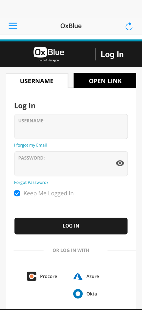 OxBlue Camera Viewer - Login screen for the OxBlue Camera Viewer app featuring username and password fields and third party login options like Procore and Azure.