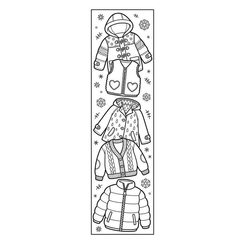 Get ready to color a delightful collection of cozy outerwear, perfectly designed for a fun bookmark! Little artists aged 4-8 will love bringing these coats, jackets, and vests to life.