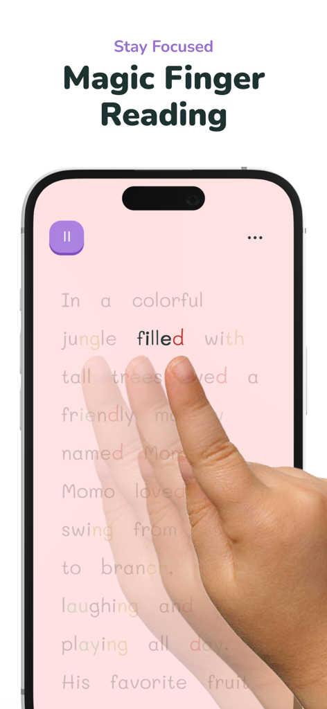 KOBI - Happy Reading - Der Finger eines Kindes verfolgt Wörter auf dem KOBI-App-Bildschirm mithilfe der Magic Finger Reading-Funktion, um den Fokus und die Leseflüssigkeit zu verbessern.