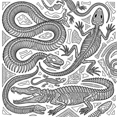 Explore the fascinating world beneath the skin with our intricate reptile skeletons coloring page. Designed for adults, this detailed artwork offers a captivating challenge and a unique way to relax.