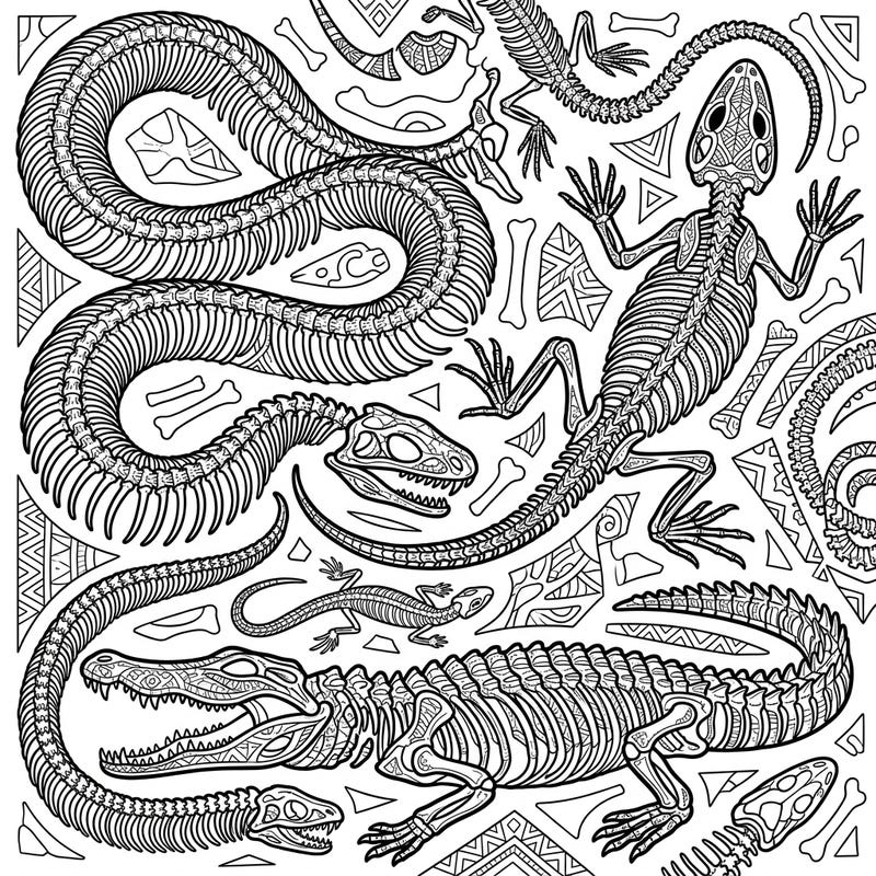 Explore the fascinating world beneath the skin with our intricate reptile skeletons coloring page. Designed for adults, this detailed artwork offers a captivating challenge and a unique way to relax.