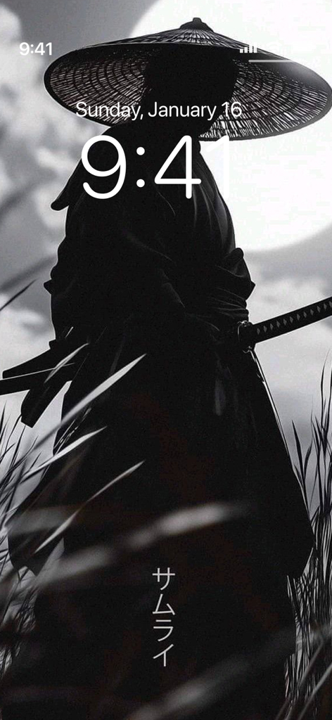 Black aesthetic wallpaper with a samurai silhouette and Japanese text