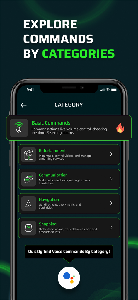 Voice Command Hub - App screen showing Voice Command Hub categories for voice assistants like entertainment, communication, and navigation.