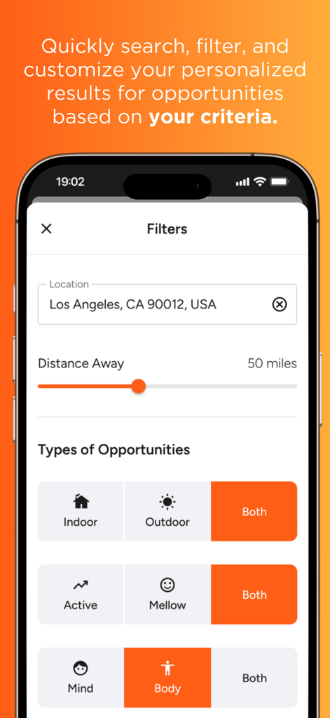 Golden: Volunteer Portal - Golden app screen showing search filters for volunteer opportunities by location and activity type