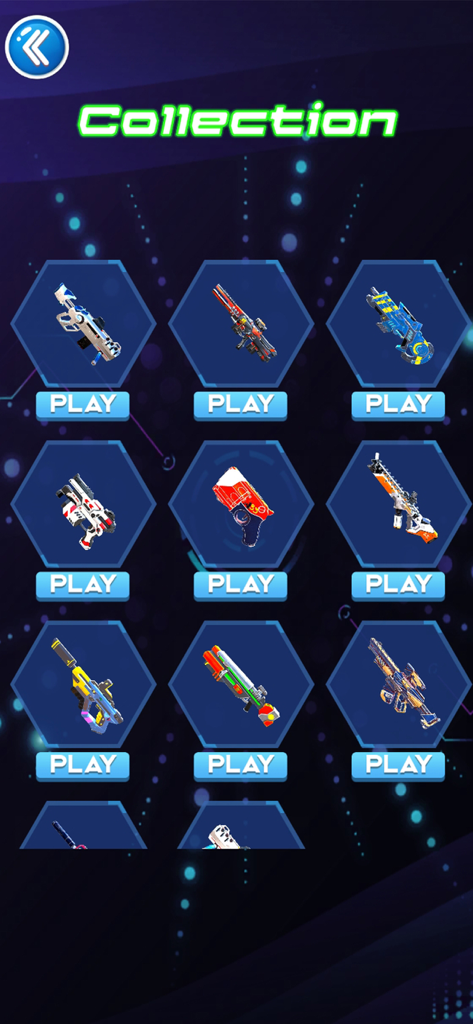 Gun Trick Simulator - Weapon collection menu in the Gun Trick Simulator app featuring various sci-fi and tactical digital guns.