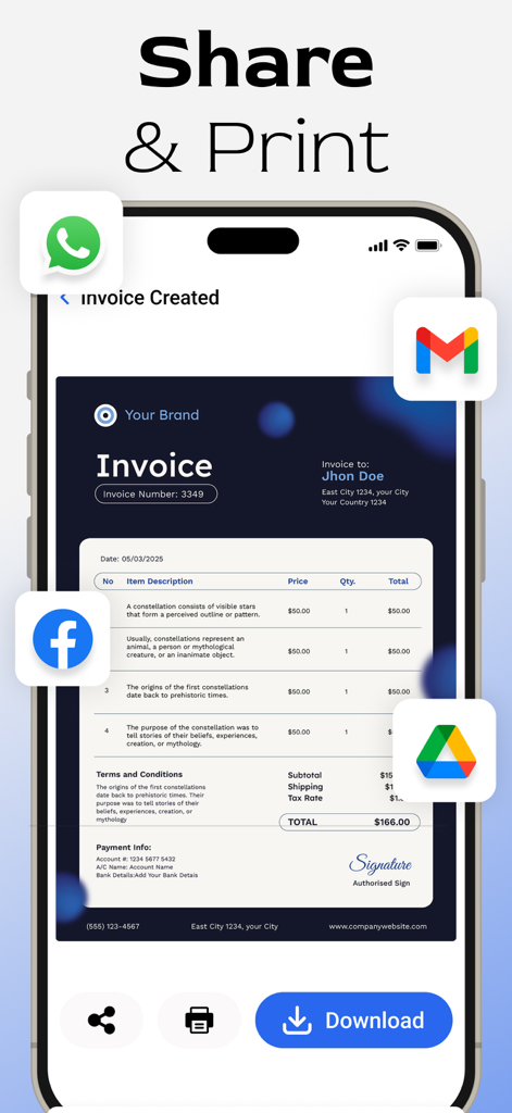 Mobile app screen showing a professional invoice with share and print options