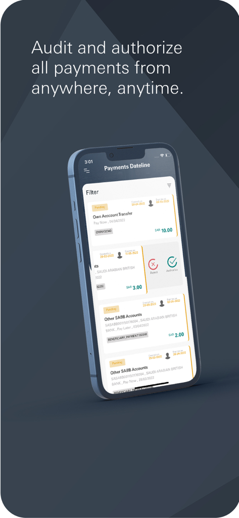 SAB iCorp - Pantalla de la aplicación móvil SAB iCorp que muestra una lista de pagos comerciales pendientes para auditoría y autorización