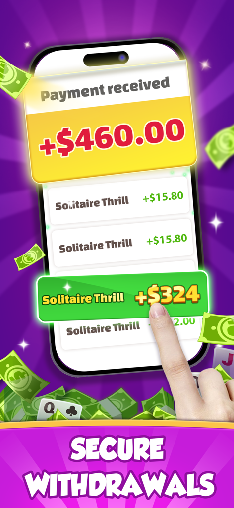 Pantalla de smartphone mostrando notificaciones de pago recibido con recompensas de dinero real de Solitaire Thrill