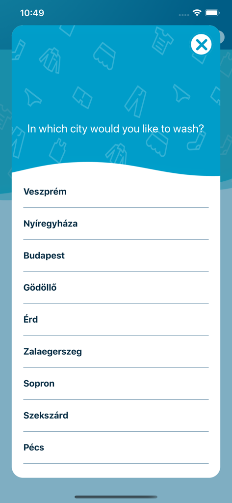 Bubbles Mosoda - Stadtauswahlbildschirm der Bubbles Self-Service-Wäsche-App mit Standorten in Ungarn.