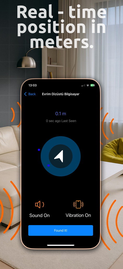 Device Detector - Spy Finder - Interfaz de la aplicación Device Detector que muestra la distancia en tiempo real y el posicionamiento por radar para encontrar un dispositivo oculto