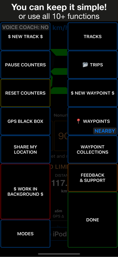 Screenshot of Speedometer 55 GPS app menu showing multiple advanced features like GPS Black Box and Waypoints