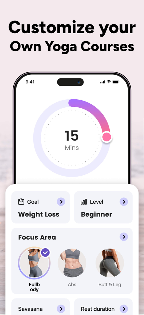 Yoga for Beginners, Pilates+ - Interfaz del planificador de entrenamiento de yoga personalizado que muestra la duración, objetivo, nivel y configuraciones del área de enfoque.
