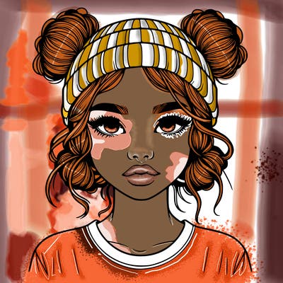 realistic girl with buns in her hair with a beanie on