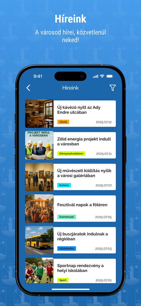 Pápa Appra! - Una schermata mobile che mostra la sezione notizie locali dell'app Papa Appra con vari aggiornamenti della comunità