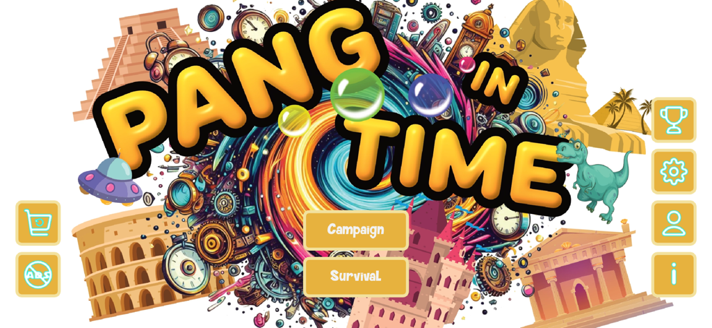 Pang In Time - Main menu of Pang In Time game featuring Campaign and Survival modes with a time travel background including dinosaurs and ancient landmarks