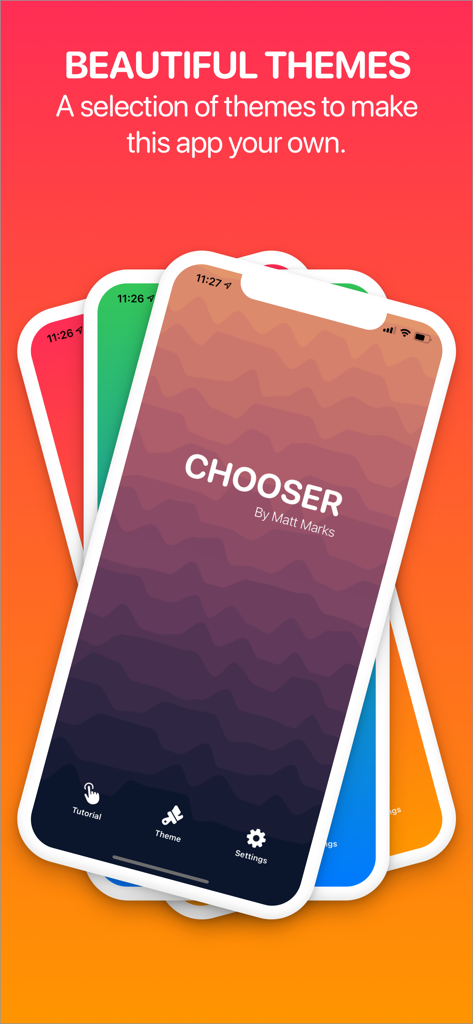 Eine Sammlung bunter Farbverlauf-Designs, die in der Chooser-App auf mehreren iPhones verfügbar sind
