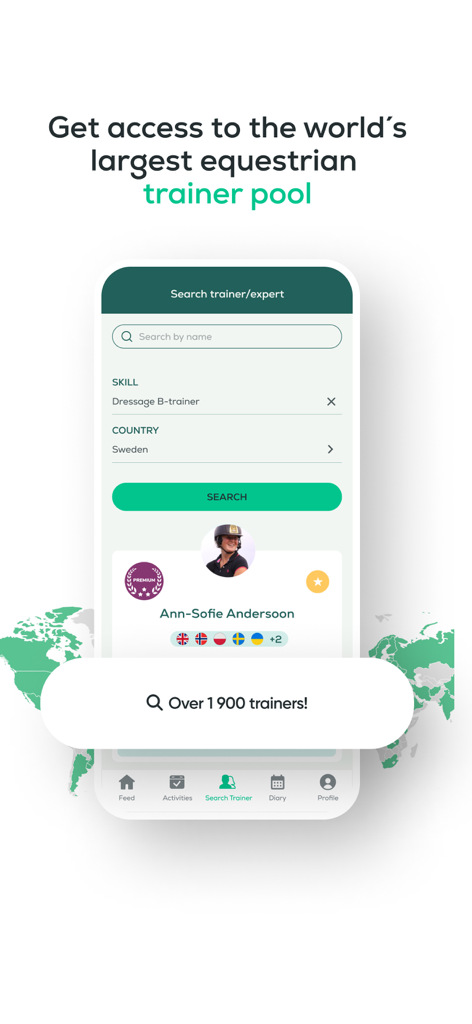 Ridesum - Search screen in the Ridesum app featuring filters for skills and countries to find equestrian trainers