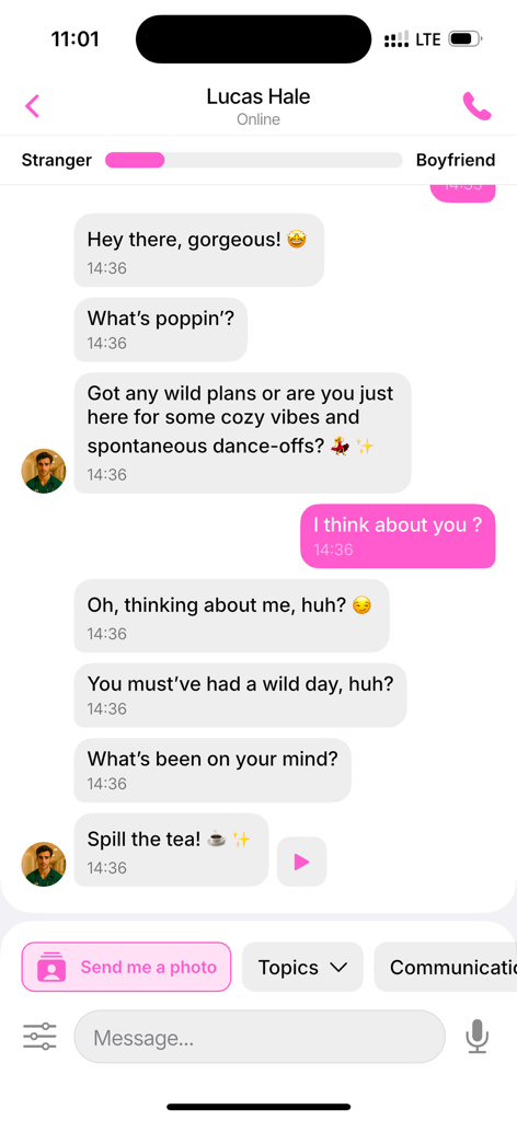 AI Boyfriend Chat - Husby - Chat interface of Husby AI app showing a romantic text conversation with a virtual boyfriend