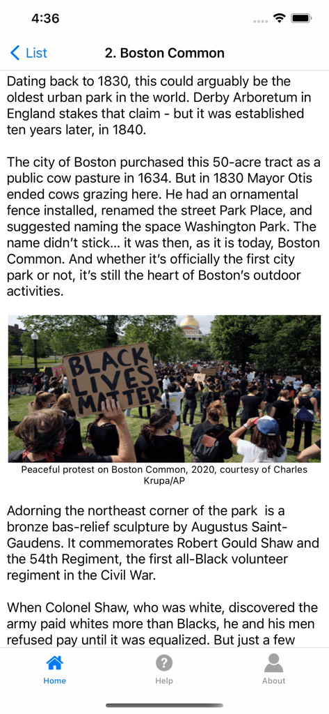 Historic Boston - A screenshot of the Historic Boston app displaying historical facts and a photo of Boston Common.