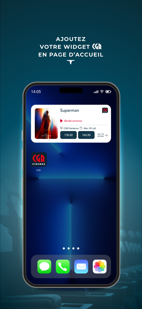CGR Cinémas - iPhone home screen featuring the CGR Cinemas app widget with movie showtimes