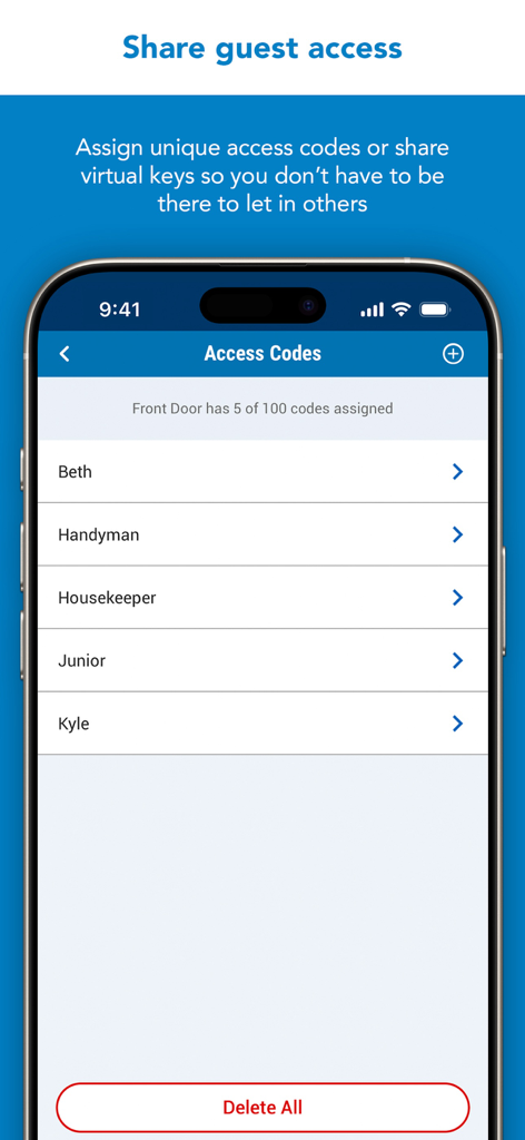 Schlage Home app interface for managing and sharing guest access codes for a smart lock