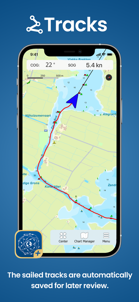 WinGPS Marine Plus - Interfaz de la aplicación WinGPS Marine Plus que muestra una ruta náutica guardada en un gráfico
