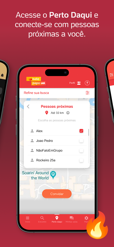 Uma interface móvel do aplicativo UOL Bate-Papo exibindo o recurso Perto Daqui para encontrar e conectar-se com pessoas em um raio de 10 quilômetros.