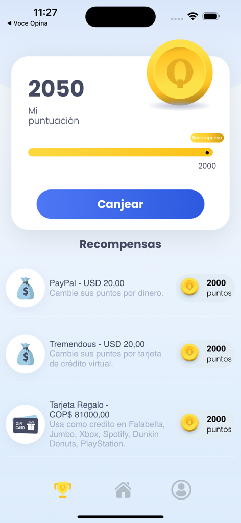 Que Opinas app rewards section showing a points balance and options to redeem for PayPal and gift cards