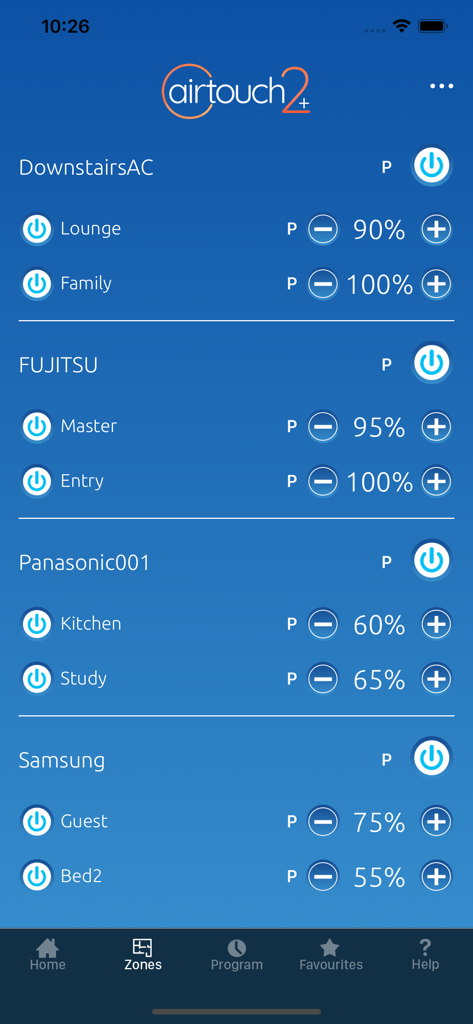 AirTouch 2 plus App Zonen-Bildschirm, der Fernsteuerungen für Luftvolumen und Strom für mehrere Räume und HVAC-Einheiten anzeigt