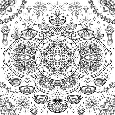 Immerse yourself in the vibrant spirit of Diwali with this beautifully intricate coloring page. Featuring elaborate rangoli patterns on decorative plates, glowing diyas, and festive fireworks, it's perfect for celebrating the Festival of Lights.