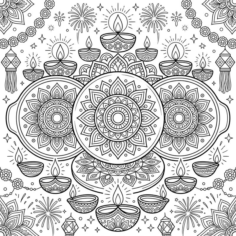 Immerse yourself in the vibrant spirit of Diwali with this beautifully intricate coloring page. Featuring elaborate rangoli patterns on decorative plates, glowing diyas, and festive fireworks, it's perfect for celebrating the Festival of Lights.