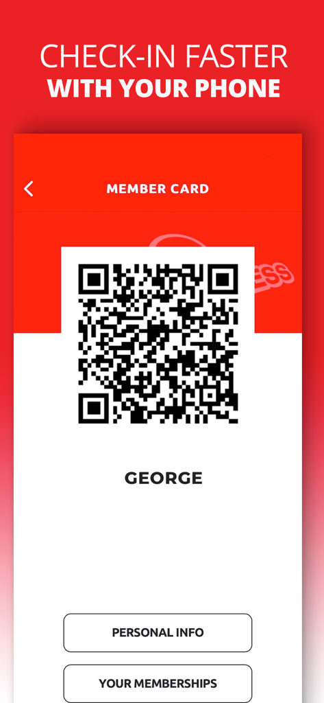 Una tarjeta digital de miembro de gimnasio con un código QR para un registro rápido en la aplicación Victory Fitness.
