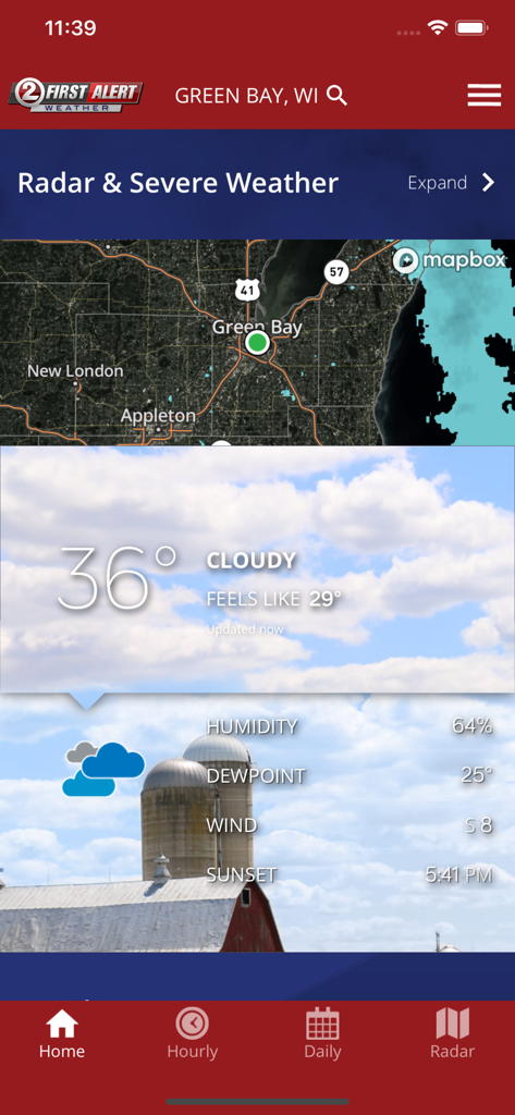 WBAY First Alert Weather - WBAY First Alert Weather app dashboard showing current weather conditions and radar for Green Bay Wisconsin