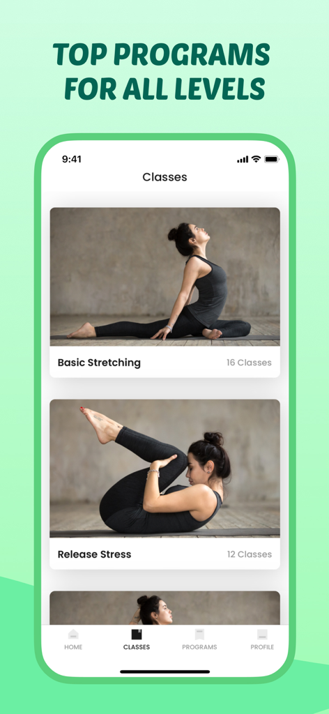 Stretch+Flexibility~Bend Flex - Pantalla de la aplicación Bend Flex que muestra clases de estiramiento y alivio del estrés para todos los niveles.