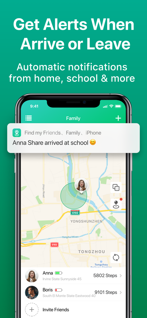 iPhone screenshot showing a family location tracking app with a map and arrival notification