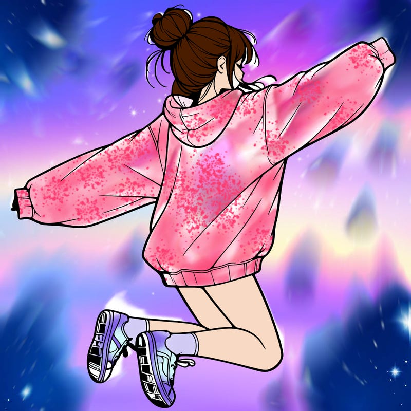 realistic girl jumping with a bun and oversized sweatshirt