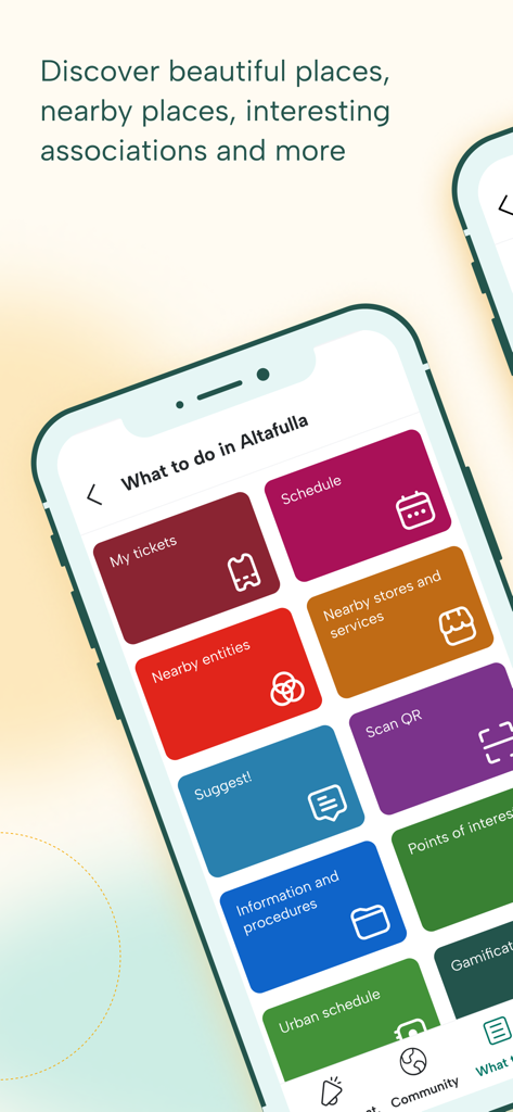 eAgora - eAgora mobile app interface displaying local services menu with community events and nearby stores