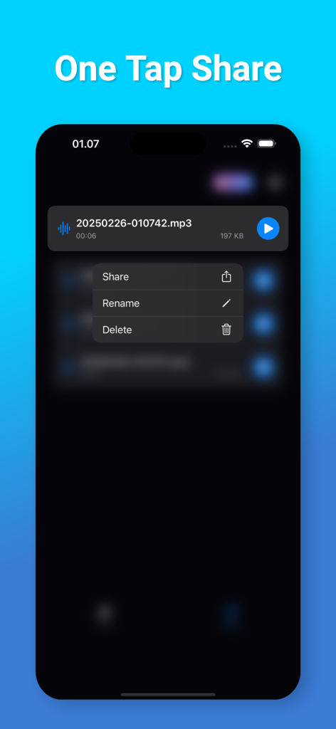 A mobile app screen showing a share menu for a converted mp3 audio file with options to share, rename, and delete.