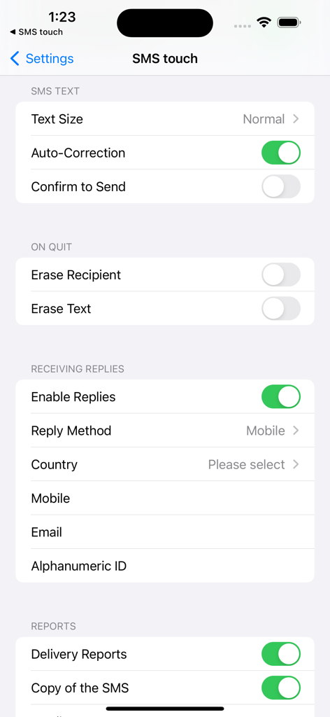 SMS touch - Settings menu of the SMS touch app showing messaging and delivery report options