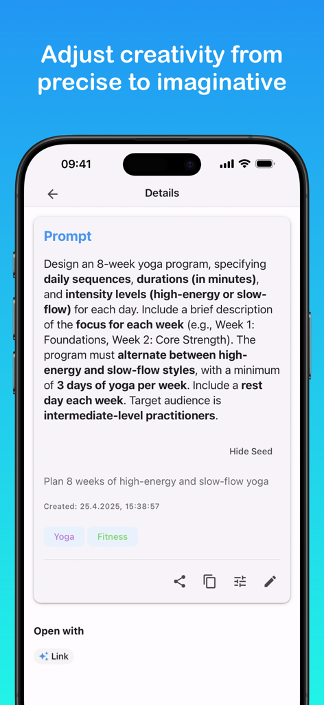 Prompt Tool - A mobile screen showing the Prompt Tool app with a detailed AI prompt for a yoga program and creativity adjustment options