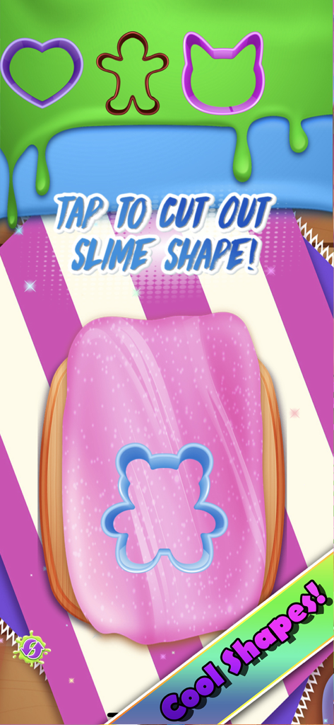 A bear shaped mold cutting into pink glittery slime in the Super Slime Maker Simulator game.