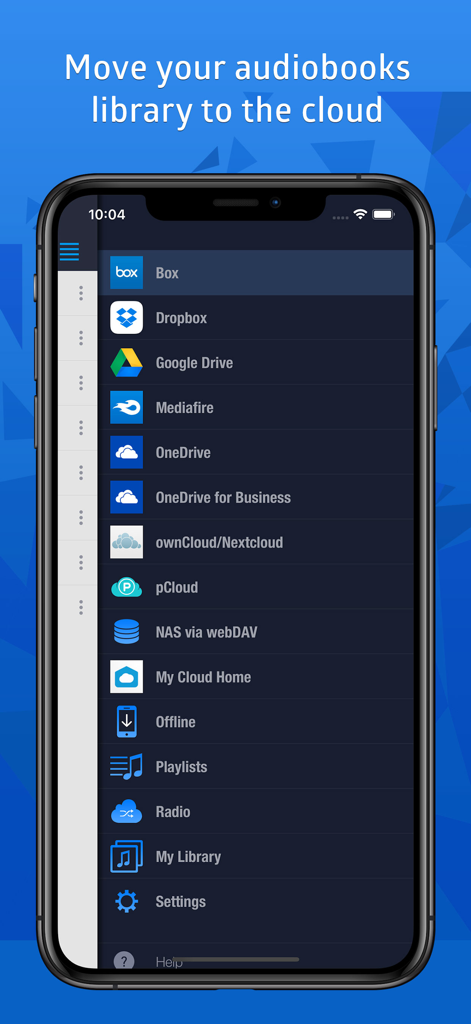 CloudBeats: audio book player - CloudBeats app menu showing supported cloud storage services like Google Drive and Dropbox