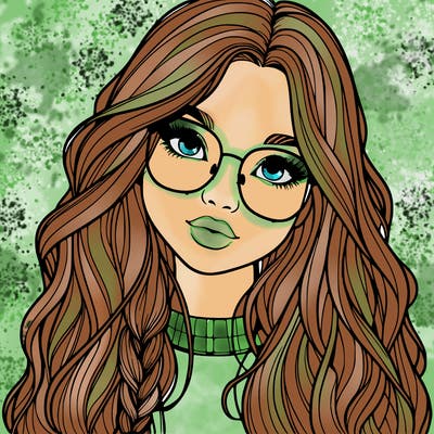 girl with long hair and freckles and glasses realistic