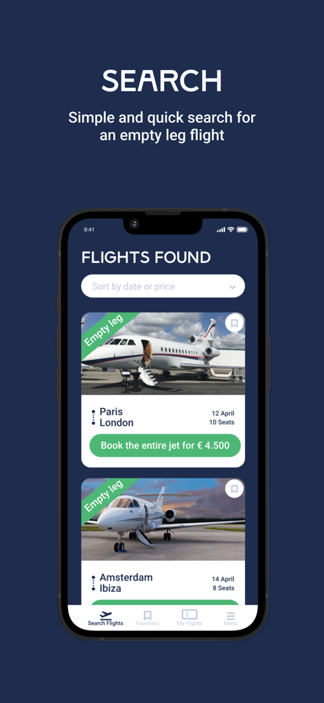 Catch a Jet - Catch a Jet app interface showing available private jet empty leg flights