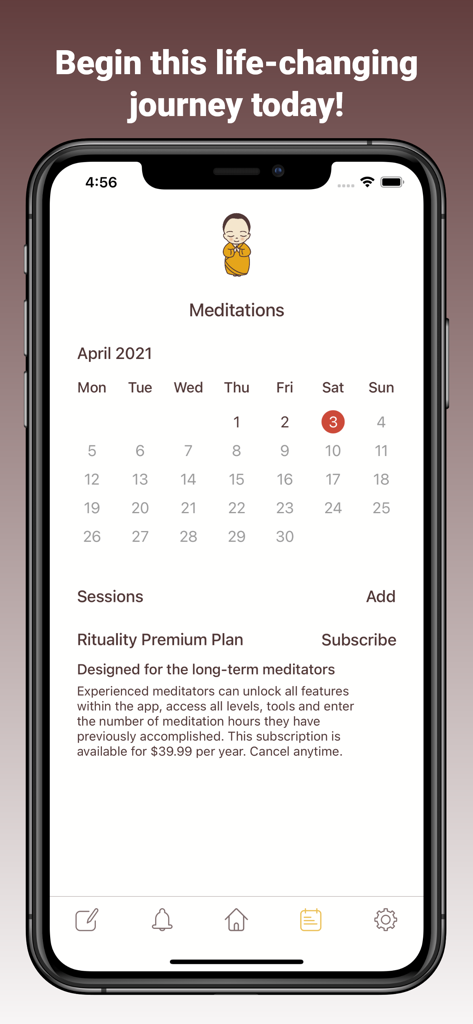 A smartphone showing the Rituality app meditation calendar and premium subscription details.