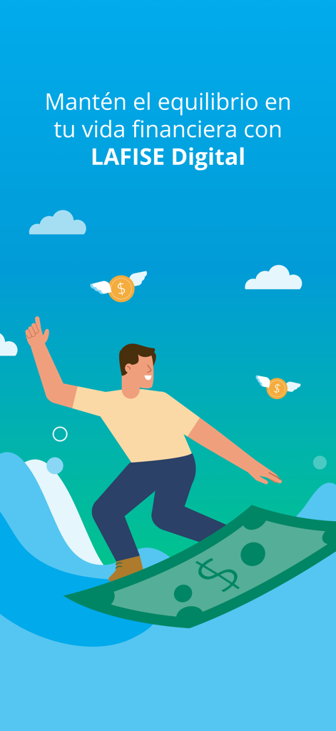 LAFISE Digital - An illustration of a man surfing on a large dollar bill representing financial balance with the LAFISE Digital app